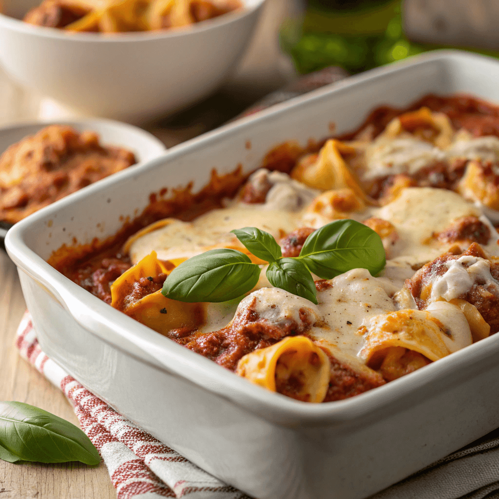 Easy Baked Tortellini Casserole with Meat Sauce 1 Close-up of saucy baked tortellini topped with melted cheese and basil.