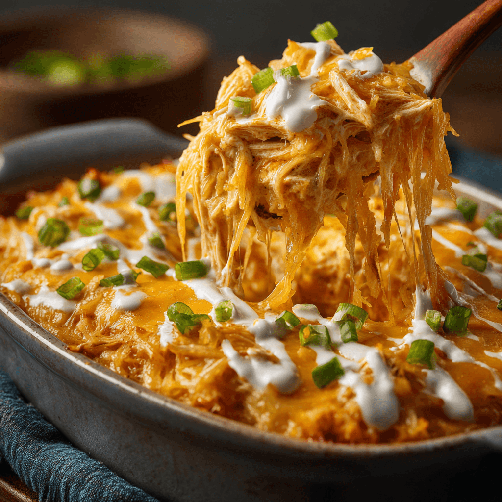 Cheesy buffalo chicken spaghetti squash casserole topped with ranch and green onions.