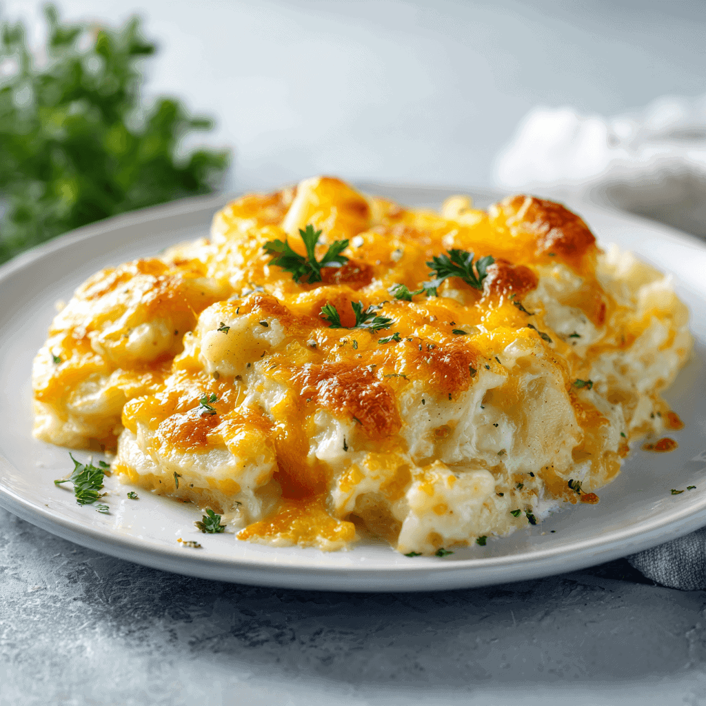 Cheesy Potato Casserole: The Ultimate Comfort Food Side Dish 3 Cheesy potato casserole served on a white plate with melted cheese and parsley garnish.
