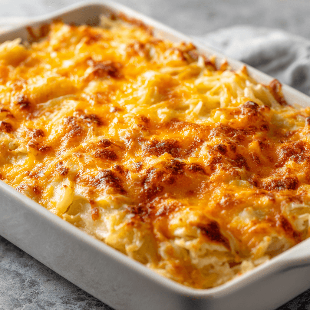 Cheesy Potato Casserole: The Ultimate Comfort Food Side Dish 2 Cheesy potato casserole baked in a white dish with melted cheddar topping.