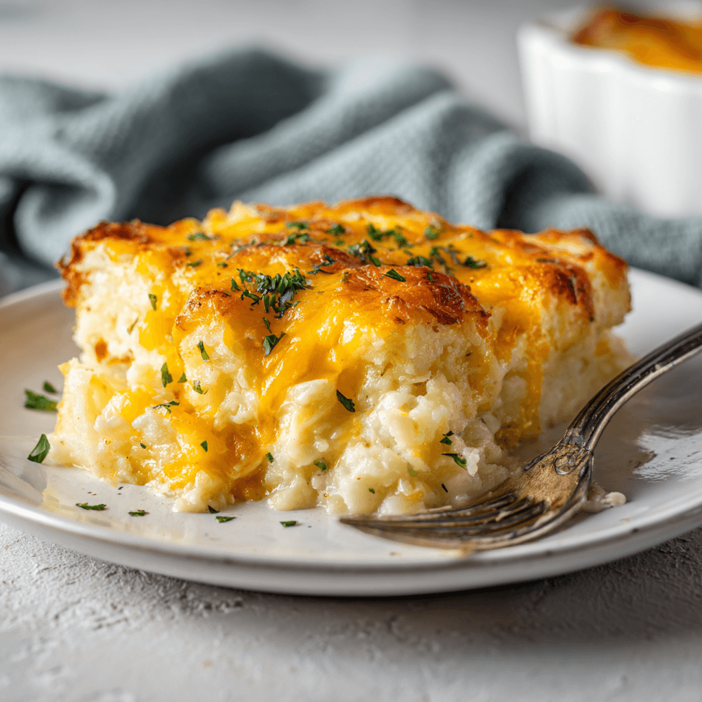 Cheesy Potato Casserole: The Ultimate Comfort Food Side Dish 1 Cheesy potato casserole served on a white plate