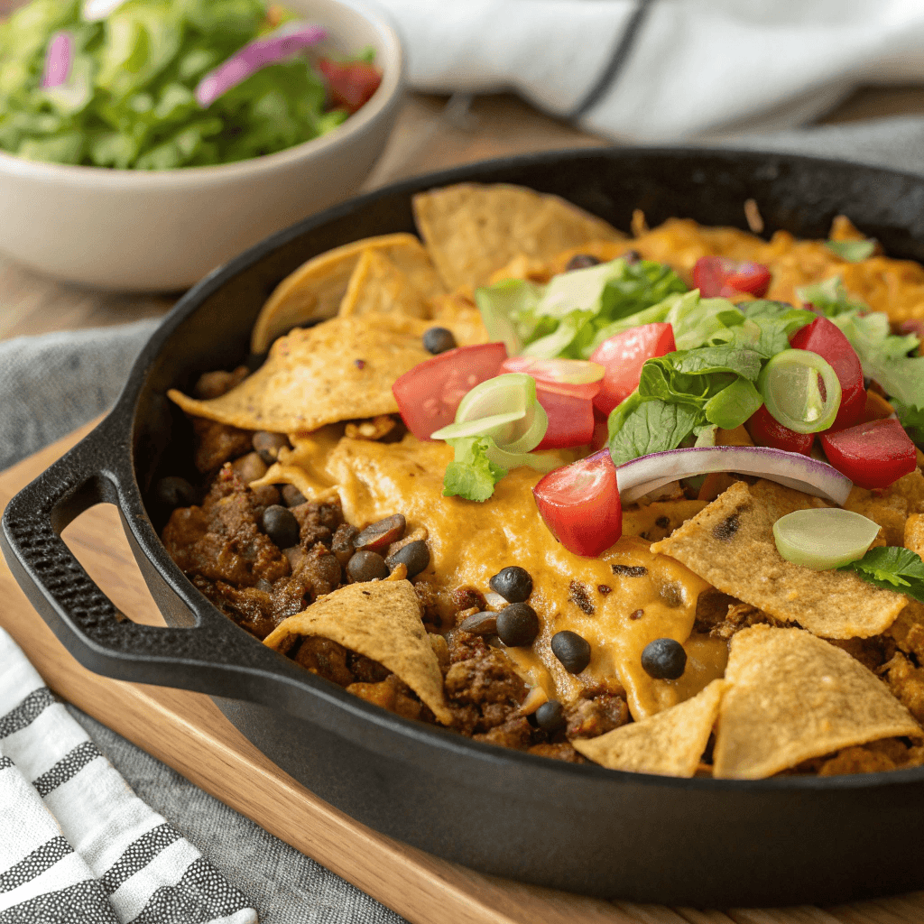 Close-up of taco casserole in a skillet with tortilla chips, melted cheese, beef, beans, and fresh toppings.