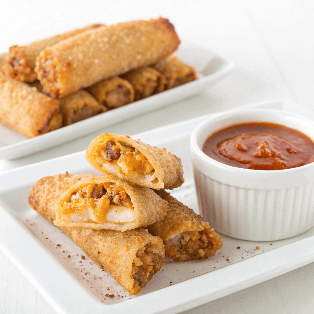 Cheesy Taco Sticks: Easy Recipe for a Crowd-Pleasing Snack 2 Cheesy taco sticks on a white plate with one split open showing melted cheese.