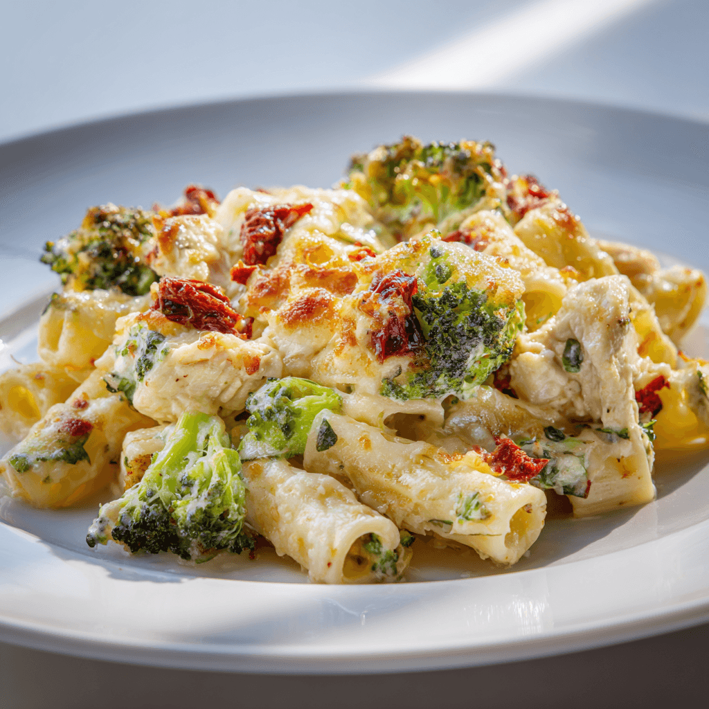 Chicken broccoli pasta bake served on a white plate with creamy sauce and melted cheese.