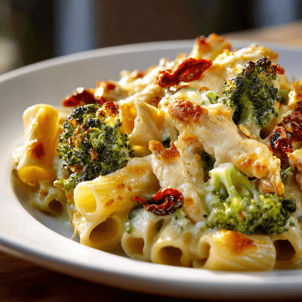 Cheesy chicken broccoli pasta bake with sun-dried tomatoes on a white plate