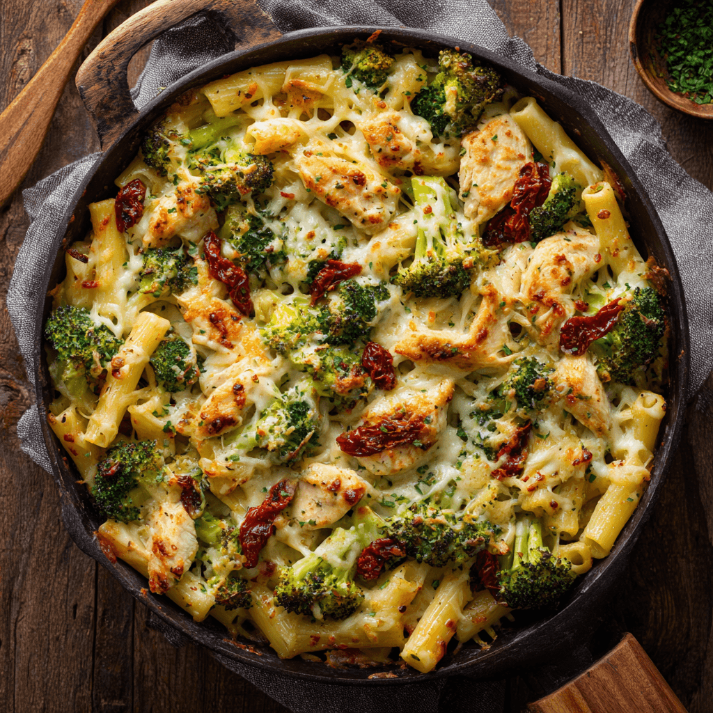 Chicken broccoli pasta bake in a skillet with melted cheese, broccoli, and sun-dried tomatoes.