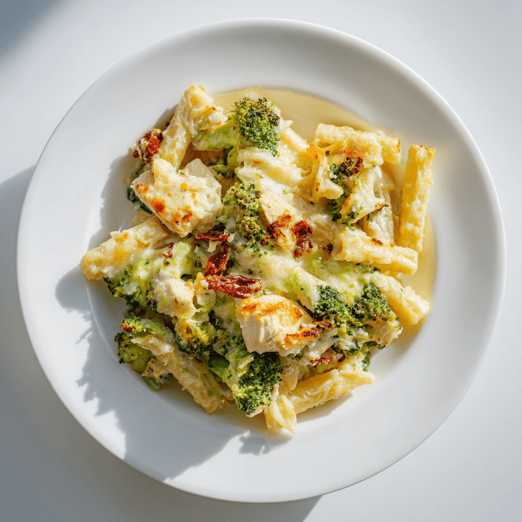 Chicken broccoli pasta bake served on a white plate with creamy sauce and melted cheese.