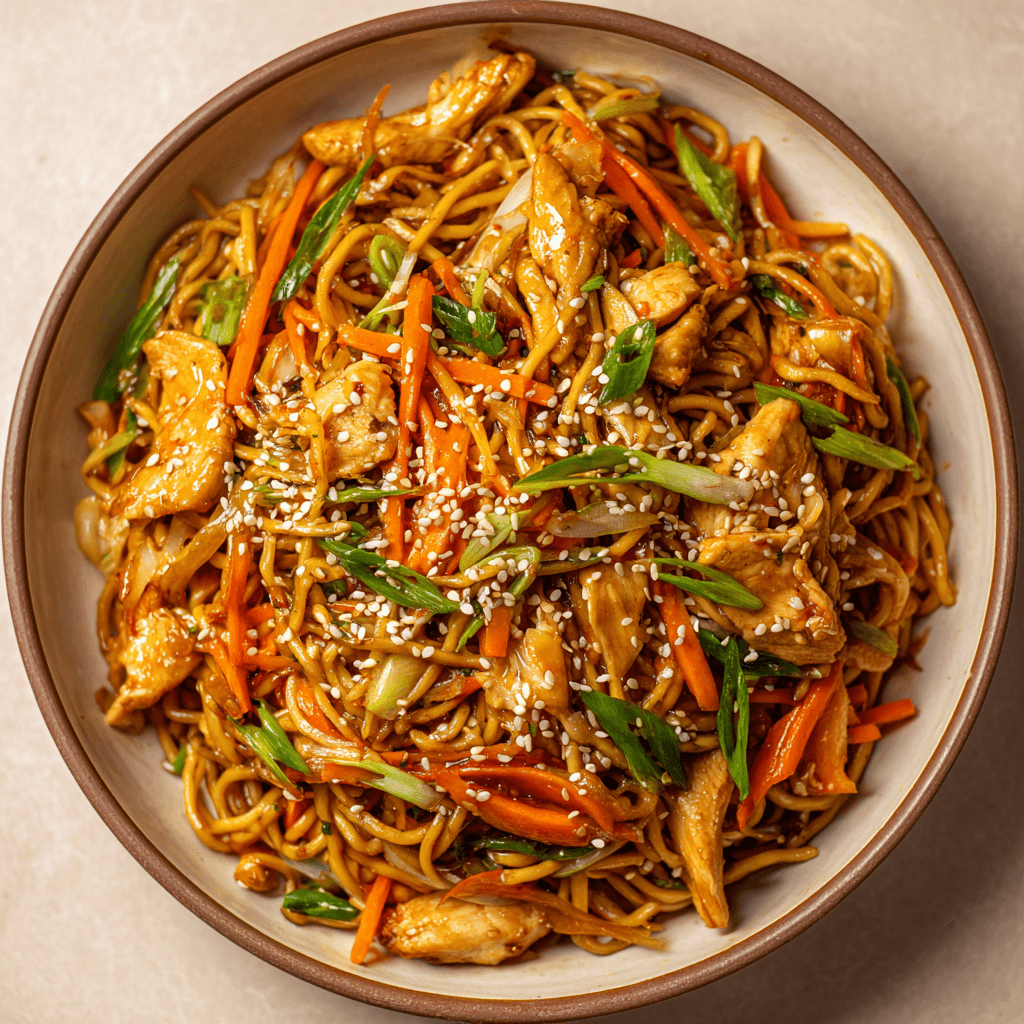 Delicious Homemade Chicken Chow Mein Recipe 4 Plate of Chicken Chow Mein with golden noodles, chicken strips, carrots, and sesame seeds in sharp detail.