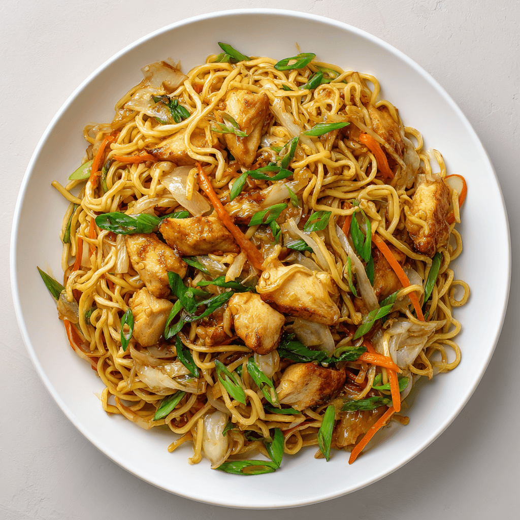 Delicious Homemade Chicken Chow Mein Recipe 2 Chicken Chow Mein served on a white plate showing noodles, chicken, and vegetables clearly.
