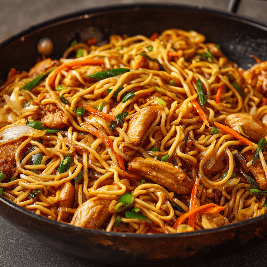 Delicious Homemade Chicken Chow Mein Recipe 3 Large wok of Chicken Chow Mein with noodles, chicken, carrots, and scallions in clear sharp detail.