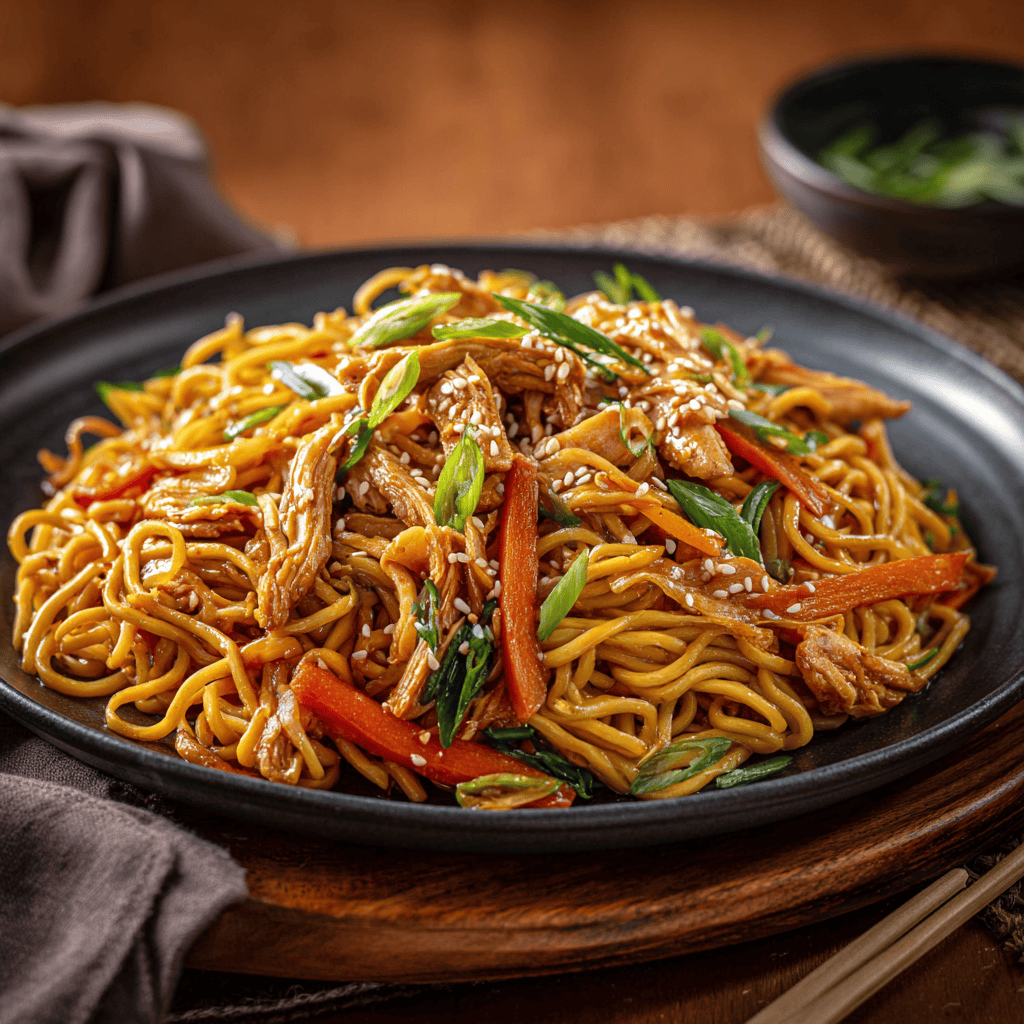 Delicious Homemade Chicken Chow Mein Recipe 1 Chicken Chow Mein with vegetables and sesame seeds, photographed clearly with glossy noodles.