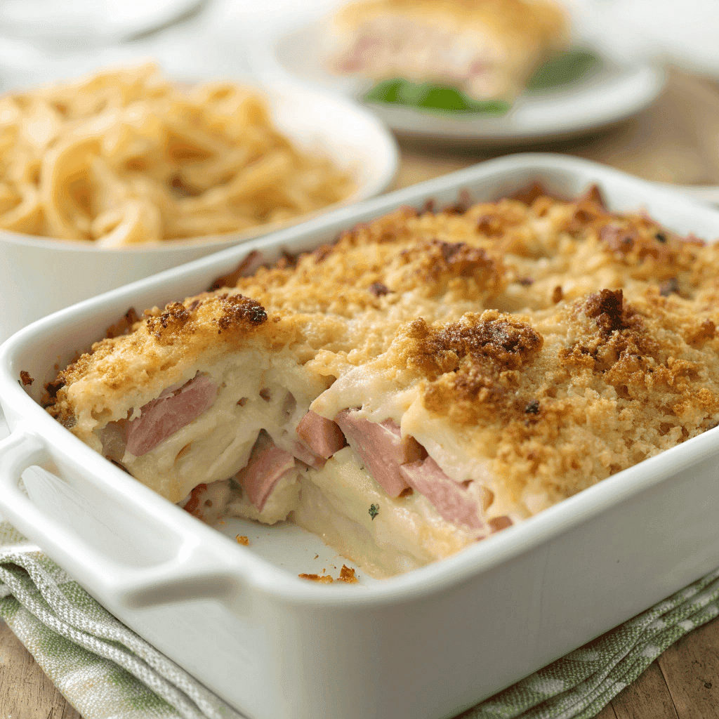 Close-up rustic-style Chicken Cordon Bleu casserole showing golden crust and creamy interior.