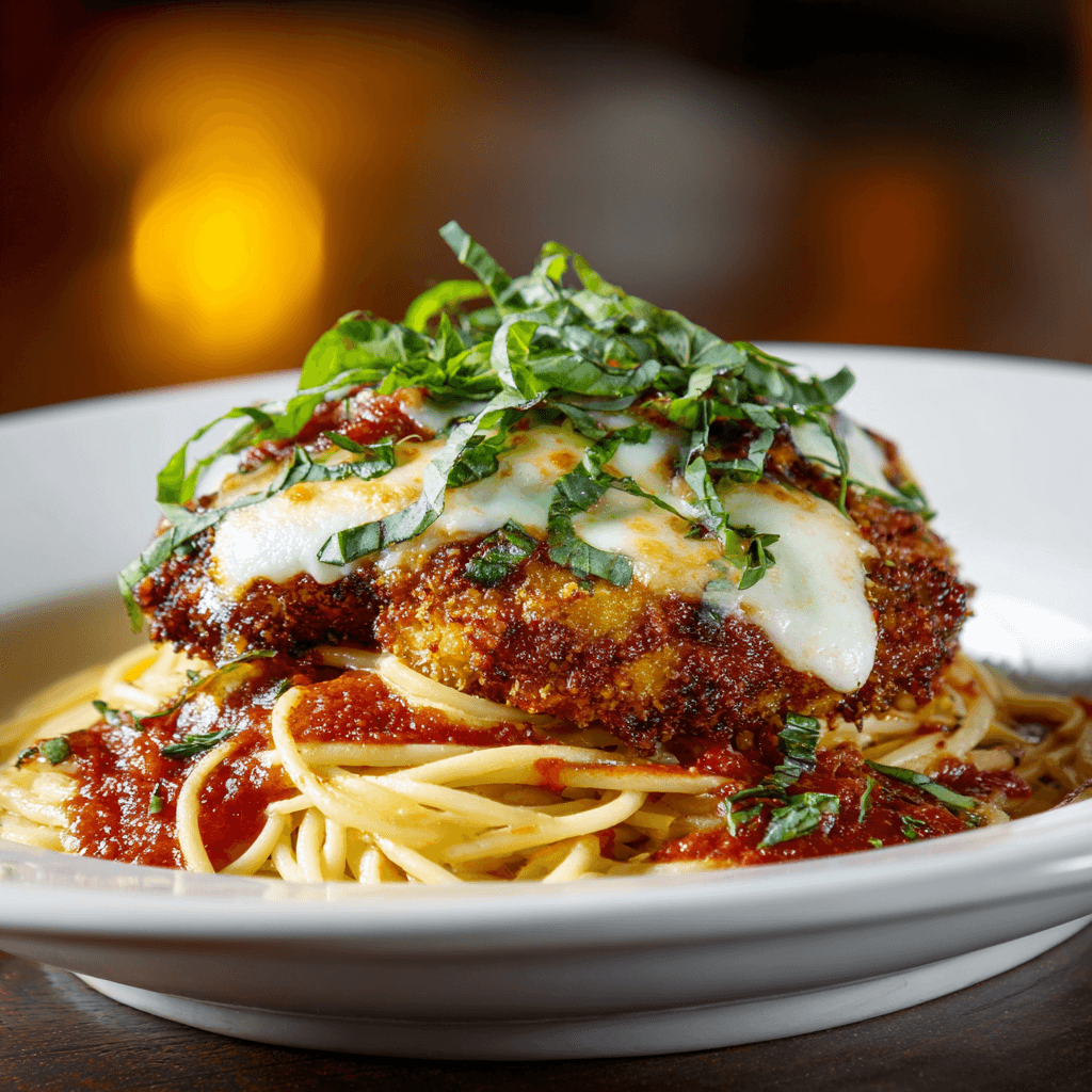 Crispy chicken parmesan served over spaghetti with marinara and basil