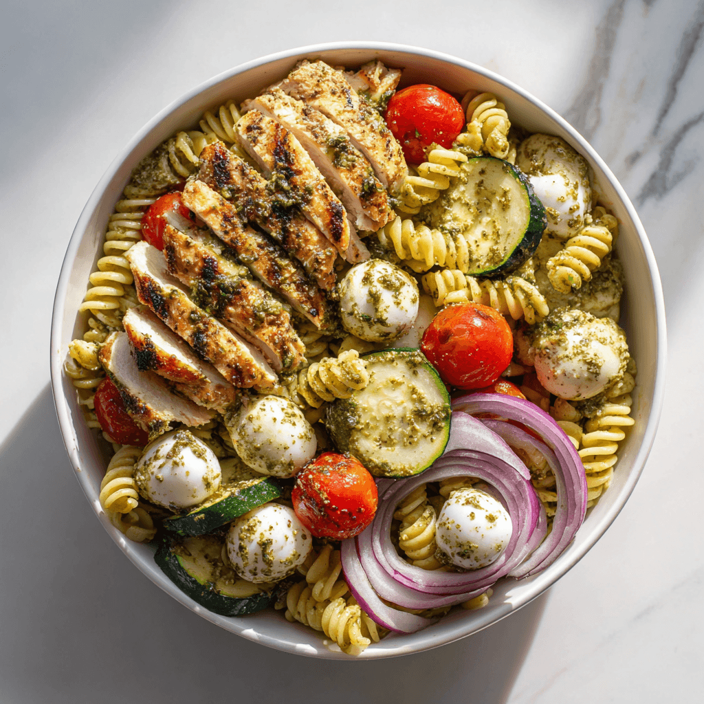 Chicken pesto pasta salad with grilled chicken, tomatoes, mozzarella, and zucchini