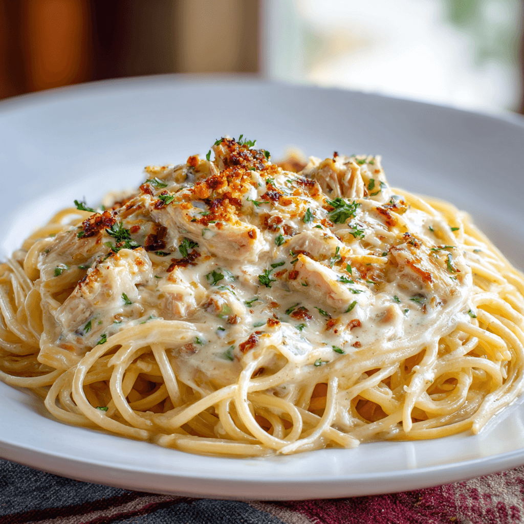 Creamy chicken spaghetti with rich cream cheese sauce on a white plate