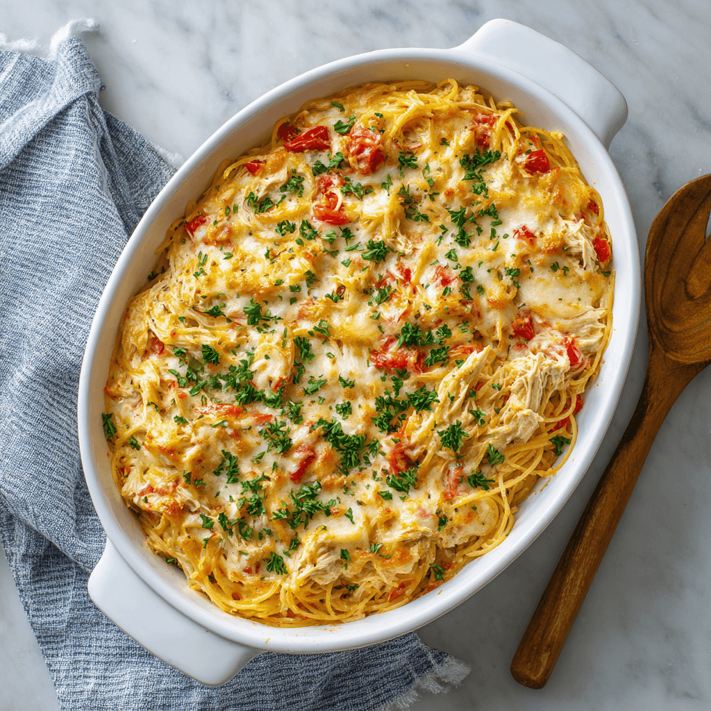 Baked chicken spaghetti with Rotel tomatoes and melted cheese casserole
