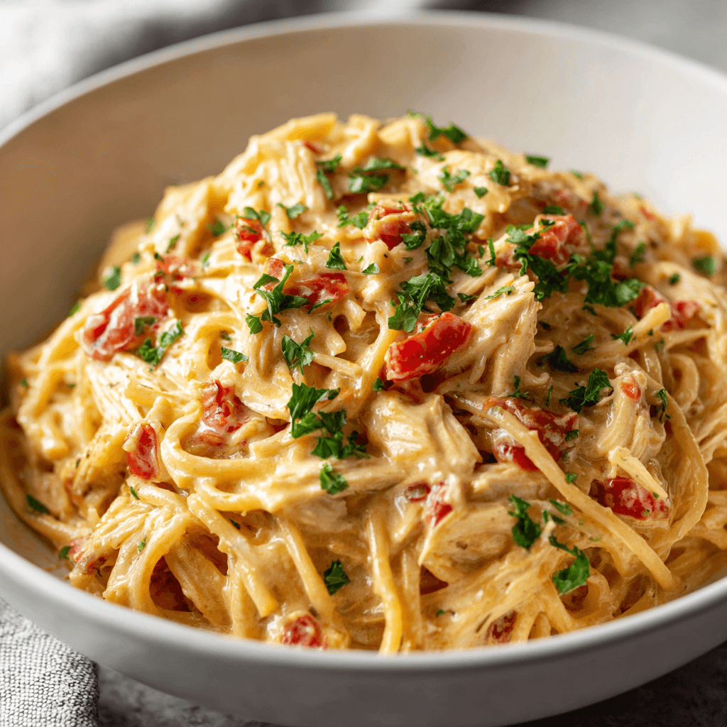 Creamy chicken spaghetti with Velveeta cheese, tomatoes, and shredded chicken