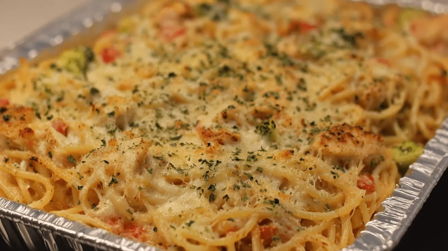 Close-up of hearty baked chicken alfredo spaghetti with a golden cheese crust, green herbs, broccoli, and red peppers in a foil tray.