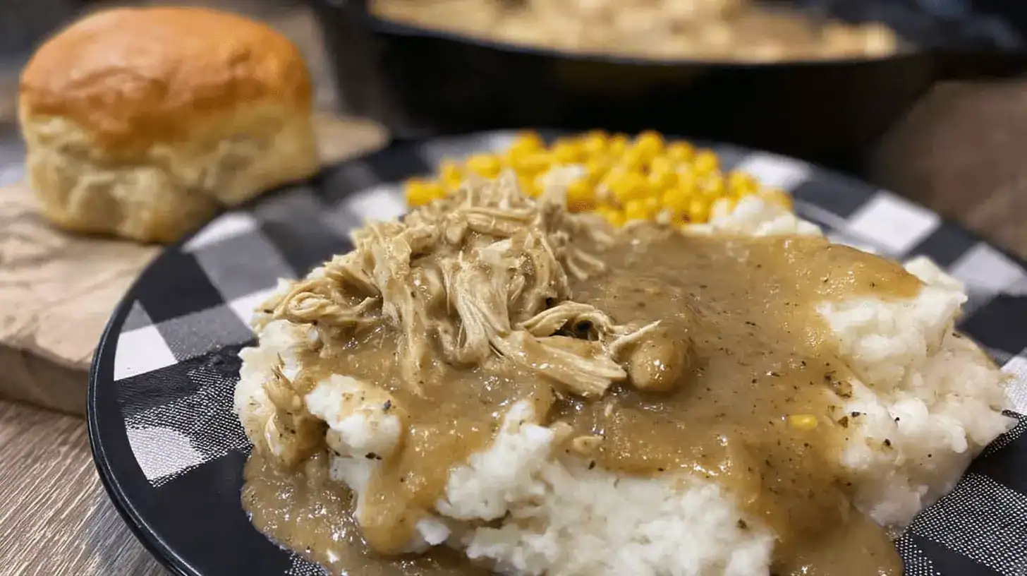 Close-up of a hearty chicken and gravy stove top meal with mashed potatoes and corn on a buffalo plaid plate.
