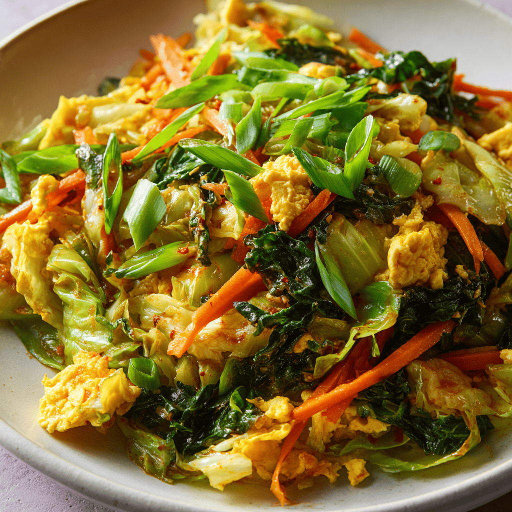 Close-up Chinese cabbage egg stir fry with carrots, green onions, and scrambled egg pieces.