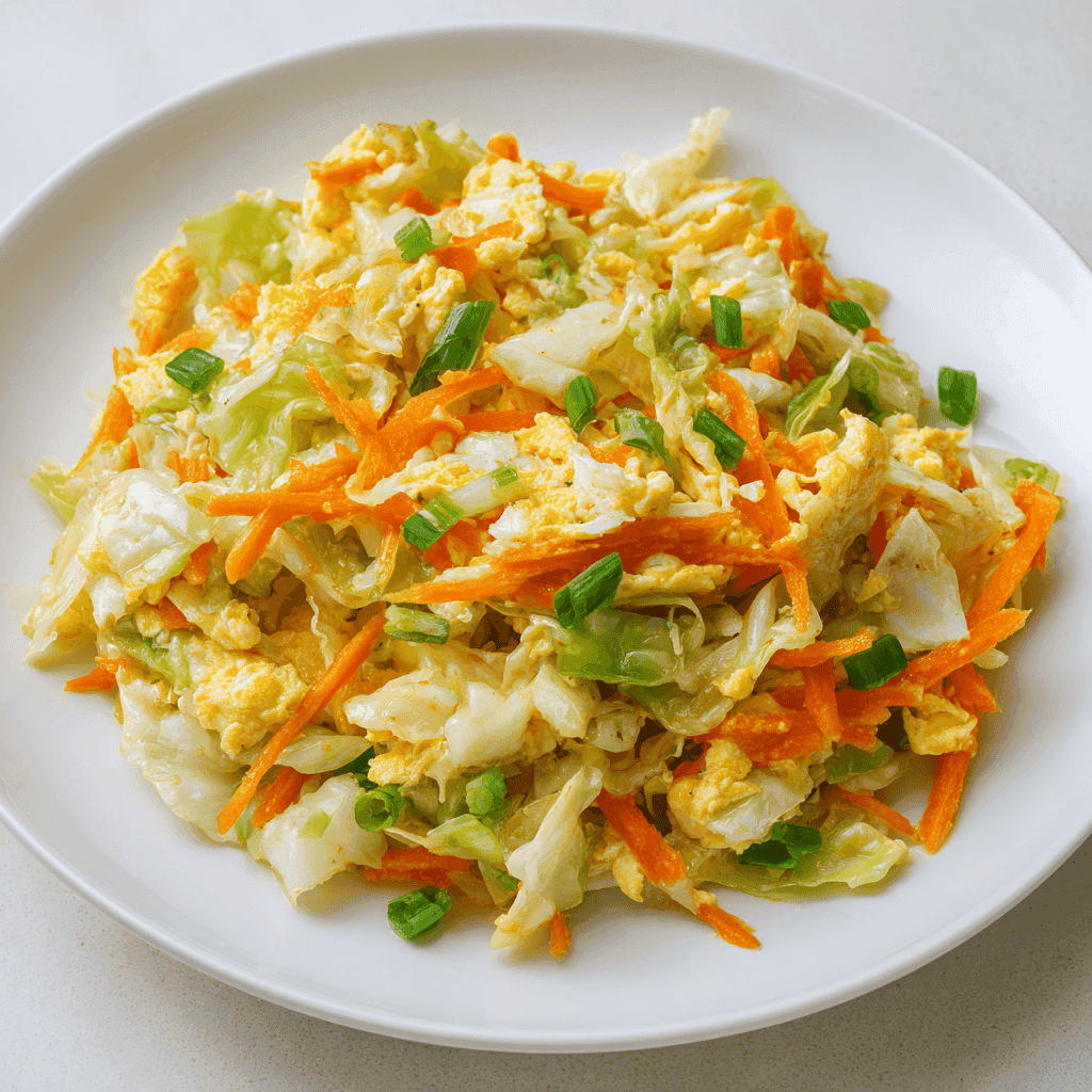 Chinese cabbage egg stir fry served on a white plate with carrots and green onions.