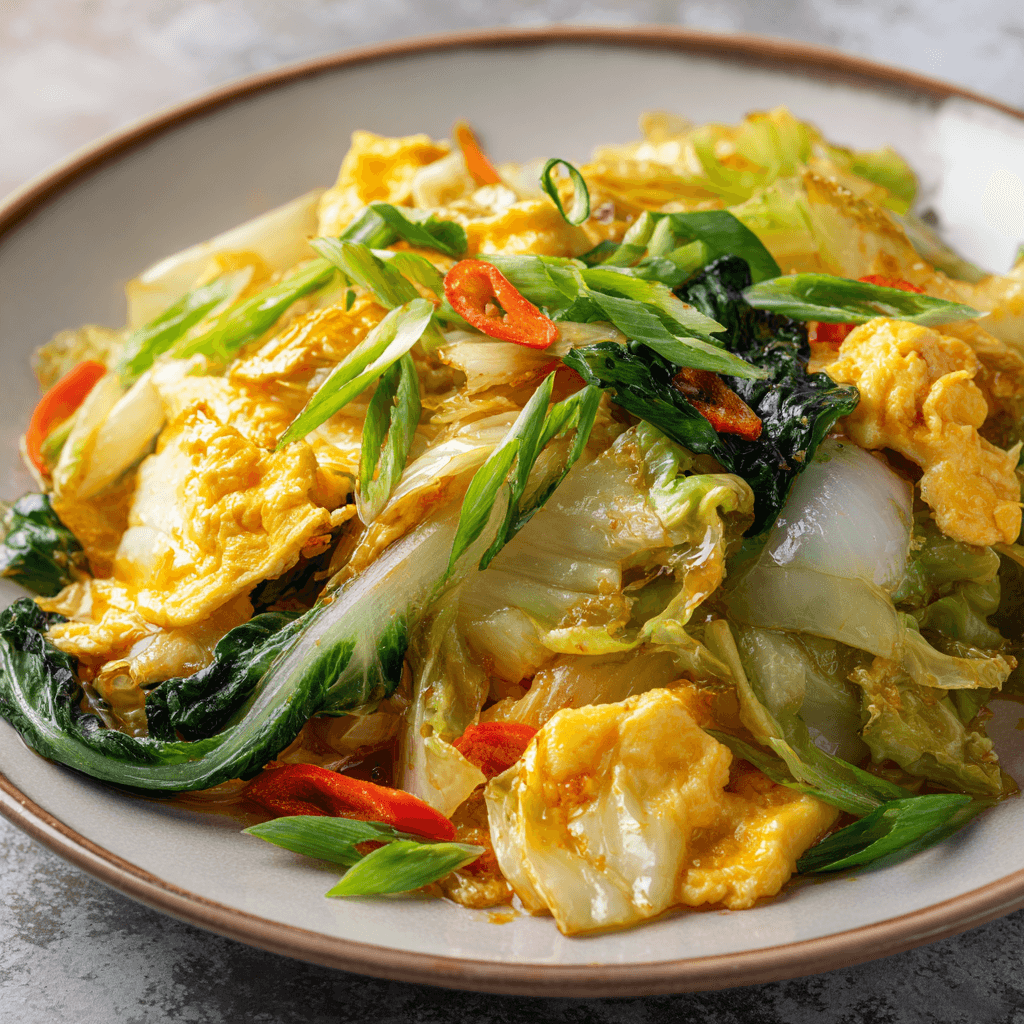 Perfectly cooked Chinese cabbage egg stir fry with glossy cabbage, carrots, and scrambled egg.