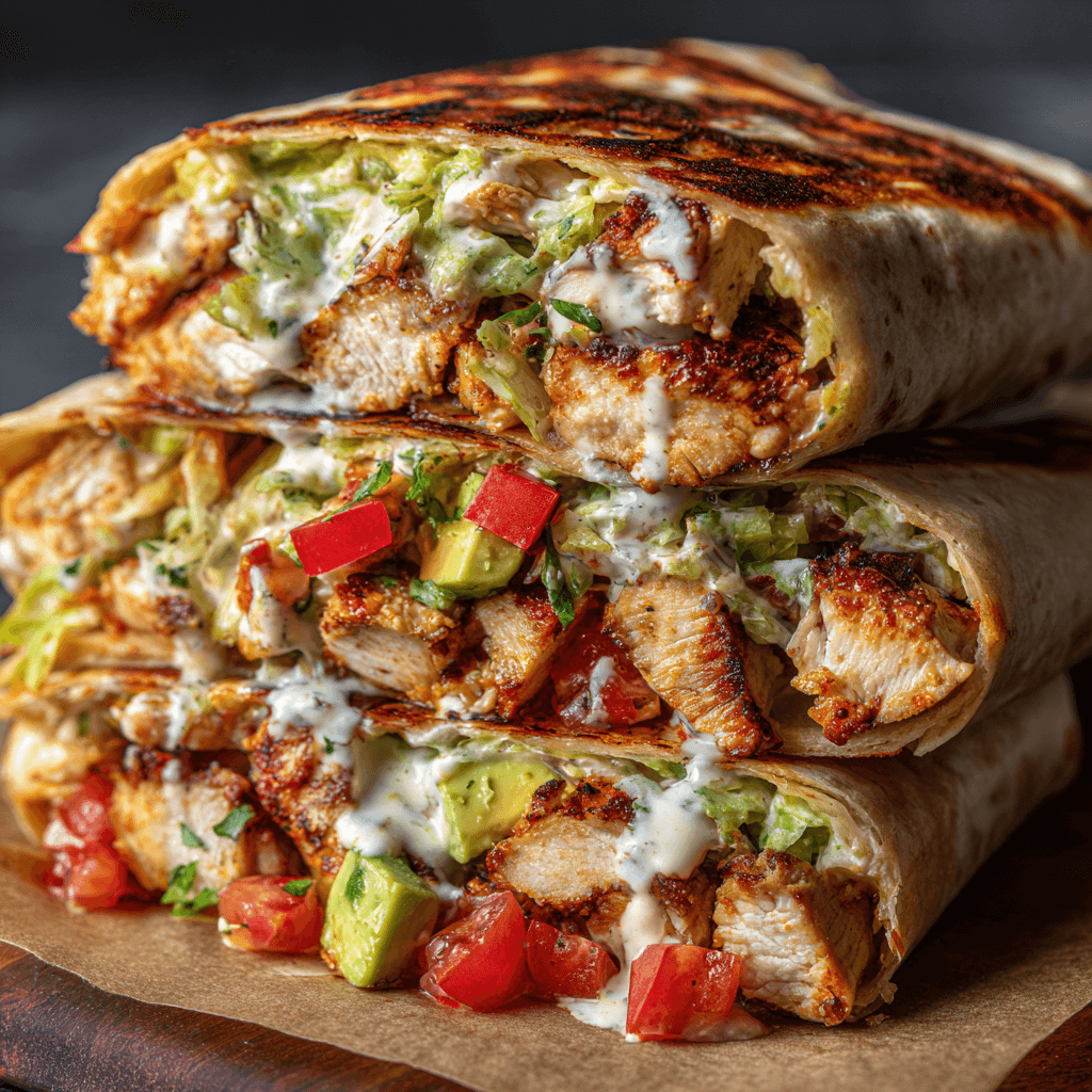 Chipotle ranch chicken burrito served on white plate with creamy filling and grill marks.