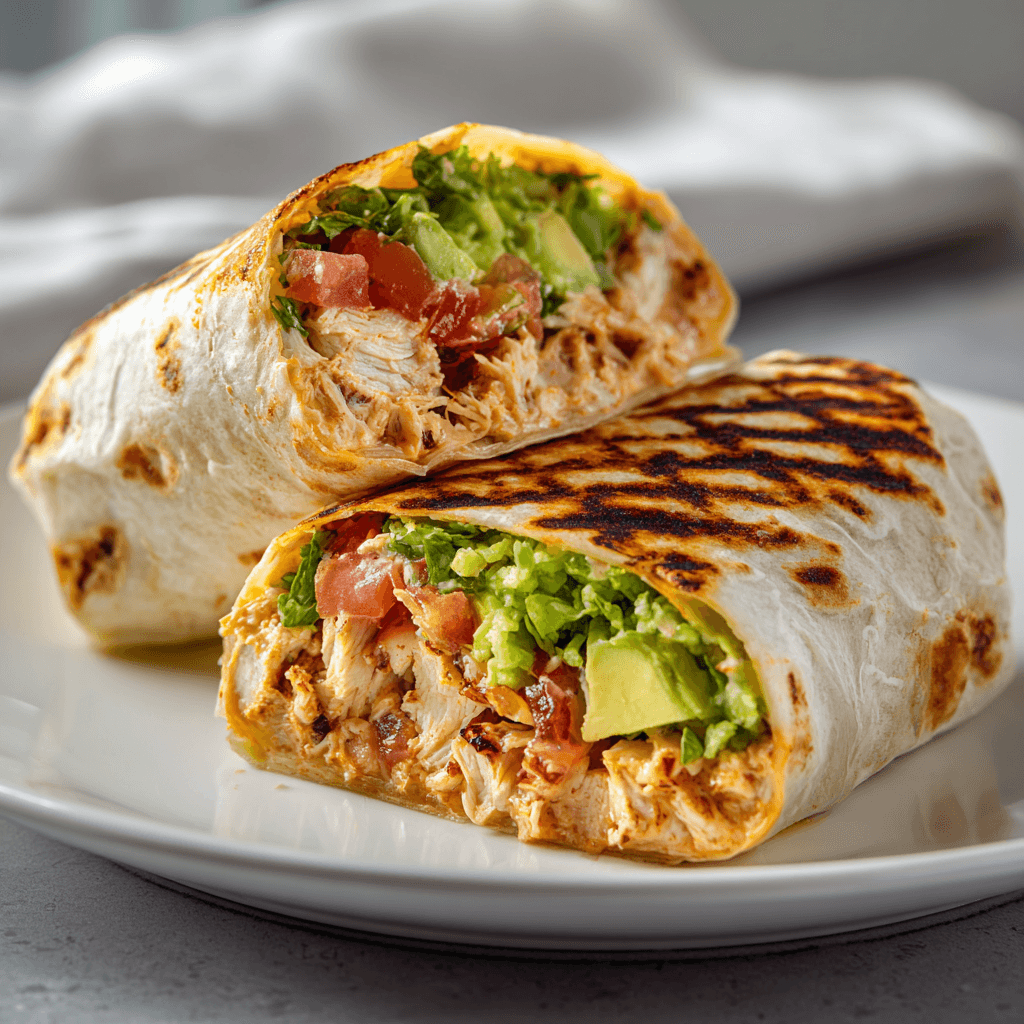 Grilled chipotle ranch chicken burritos cut in half showing creamy filling with avocado and tomato.