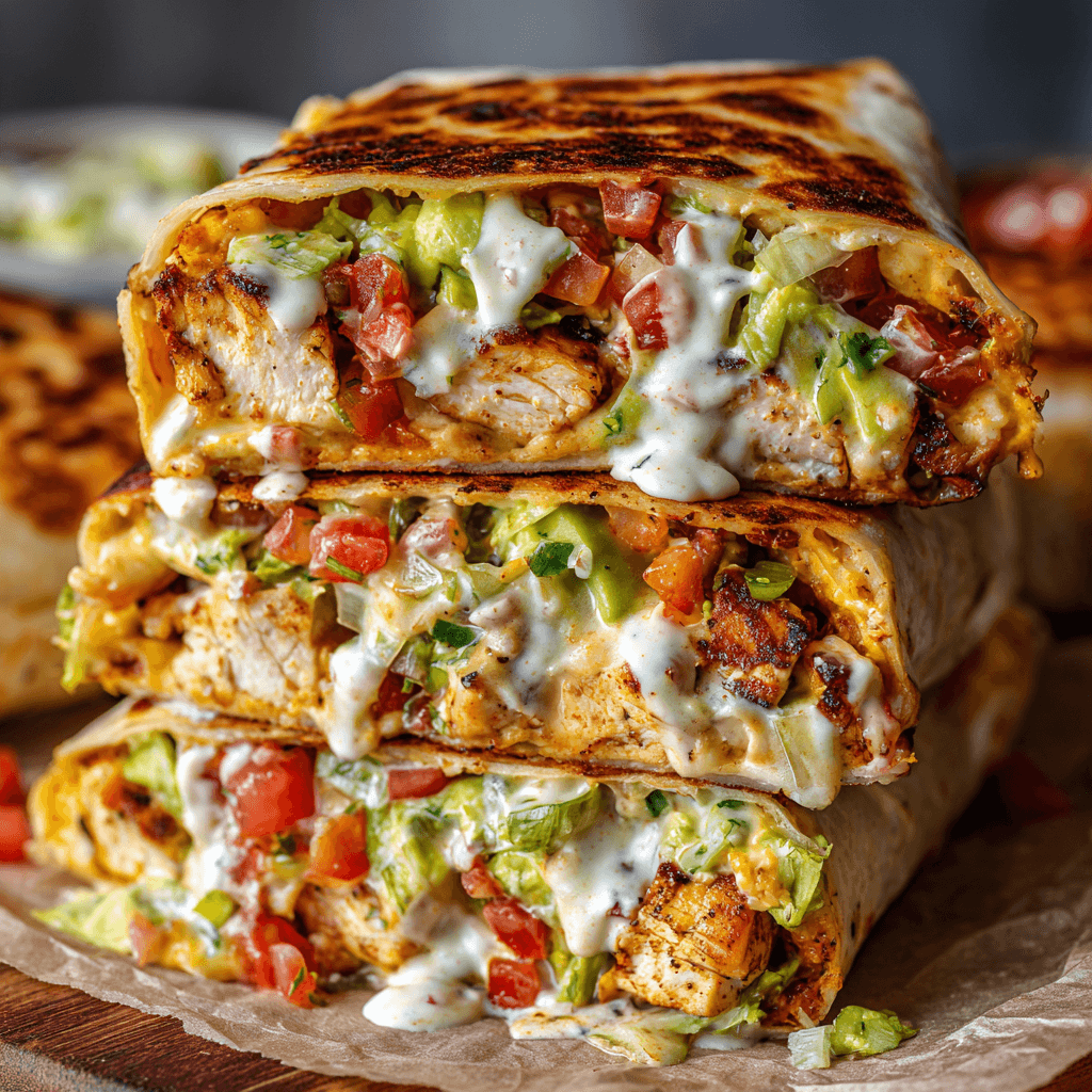 Chipotle ranch chicken burrito served on white plate with creamy filling and grill marks.