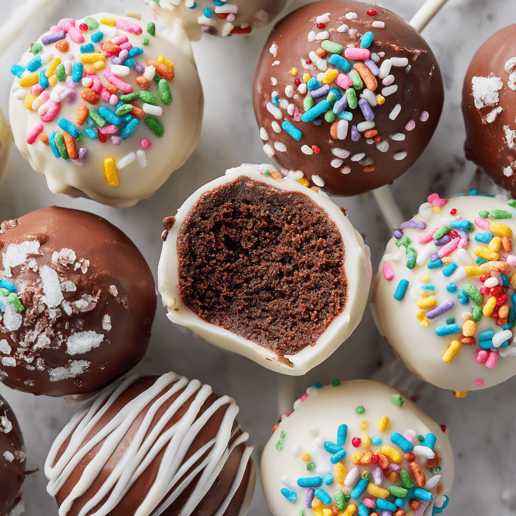 Overhead view of chocolate cake pops coated in white and dark chocolate with colorful sprinkles on a white background.