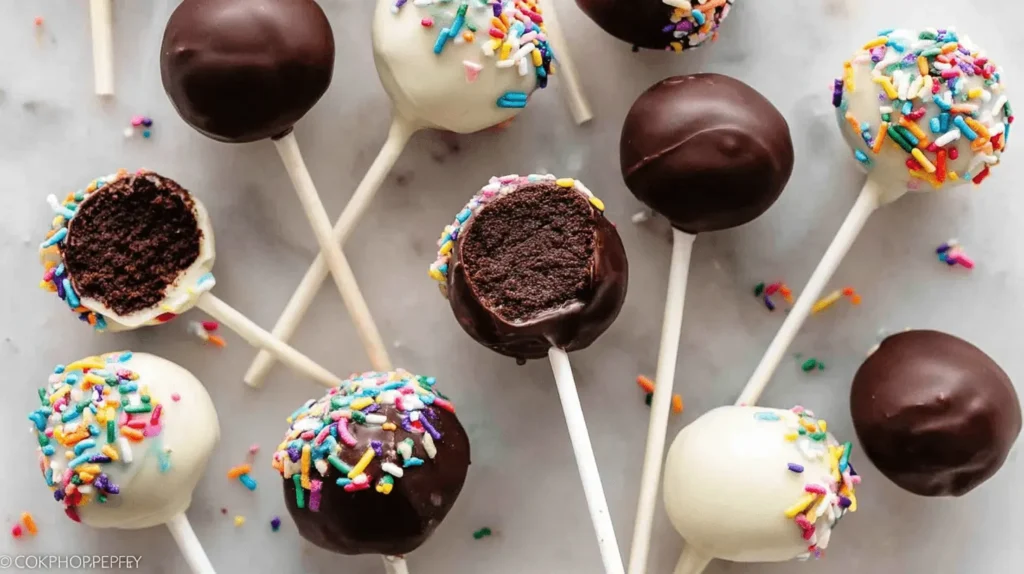A top-down view of vibrant Chocolate Cake Pops, some with dark and white coatings, adorned with rainbow sprinkles on a marble surface, revealing moist chocolate cake interiors.