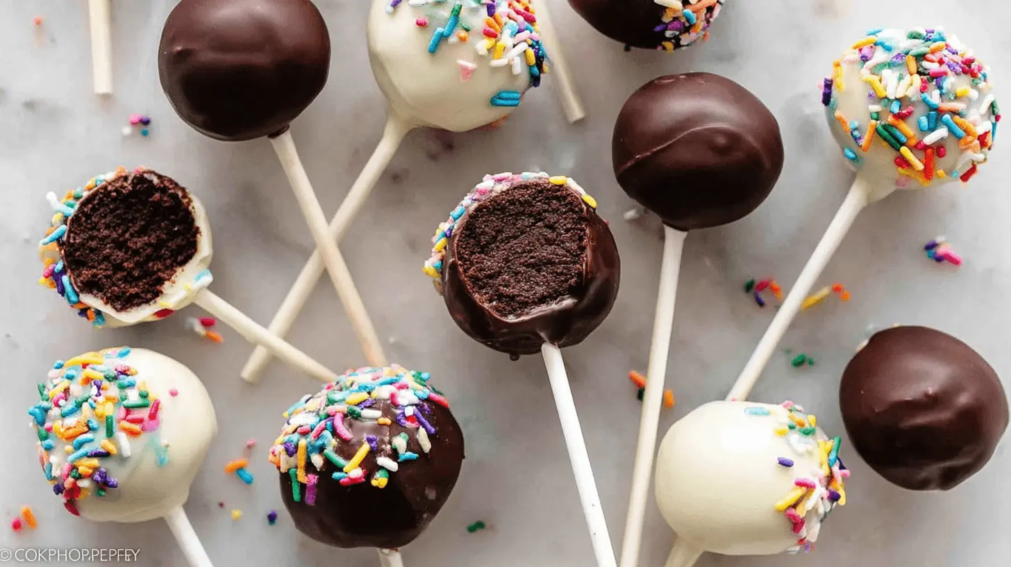 A top-down view of vibrant Chocolate Cake Pops, some with dark and white coatings, adorned with rainbow sprinkles on a marble surface, revealing moist chocolate cake interiors.
