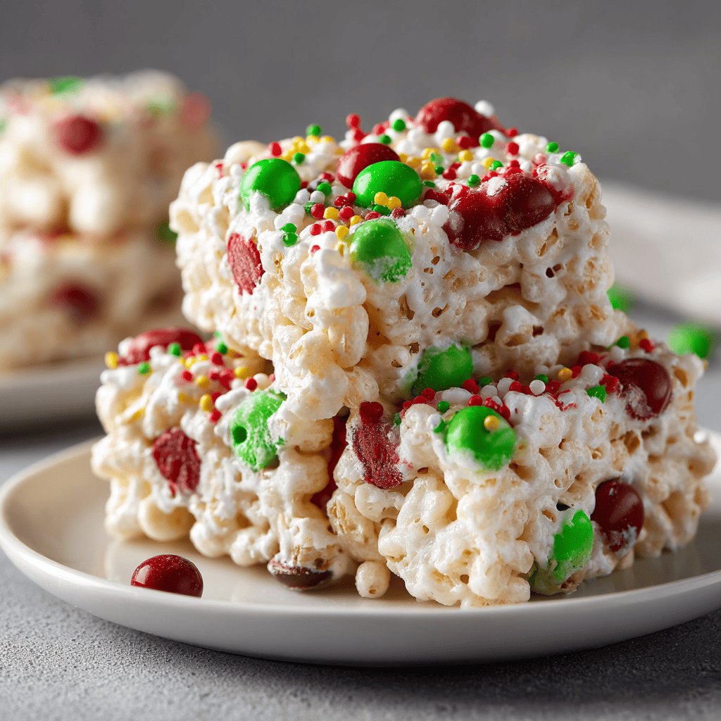 Christmas rice crispy treat with red and green candies served on a white plate.