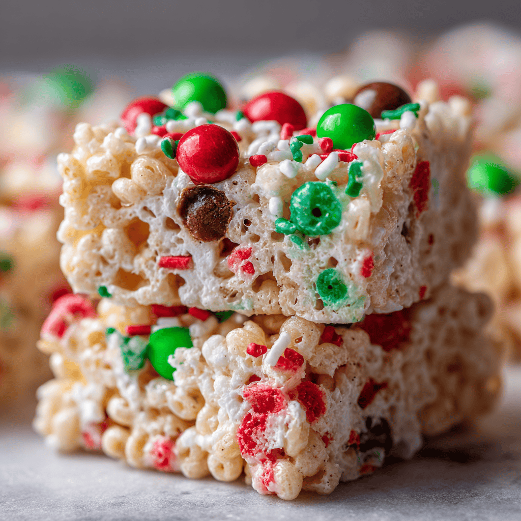 Close-up Christmas rice crispy treat with red and green candies and festive sprinkles.