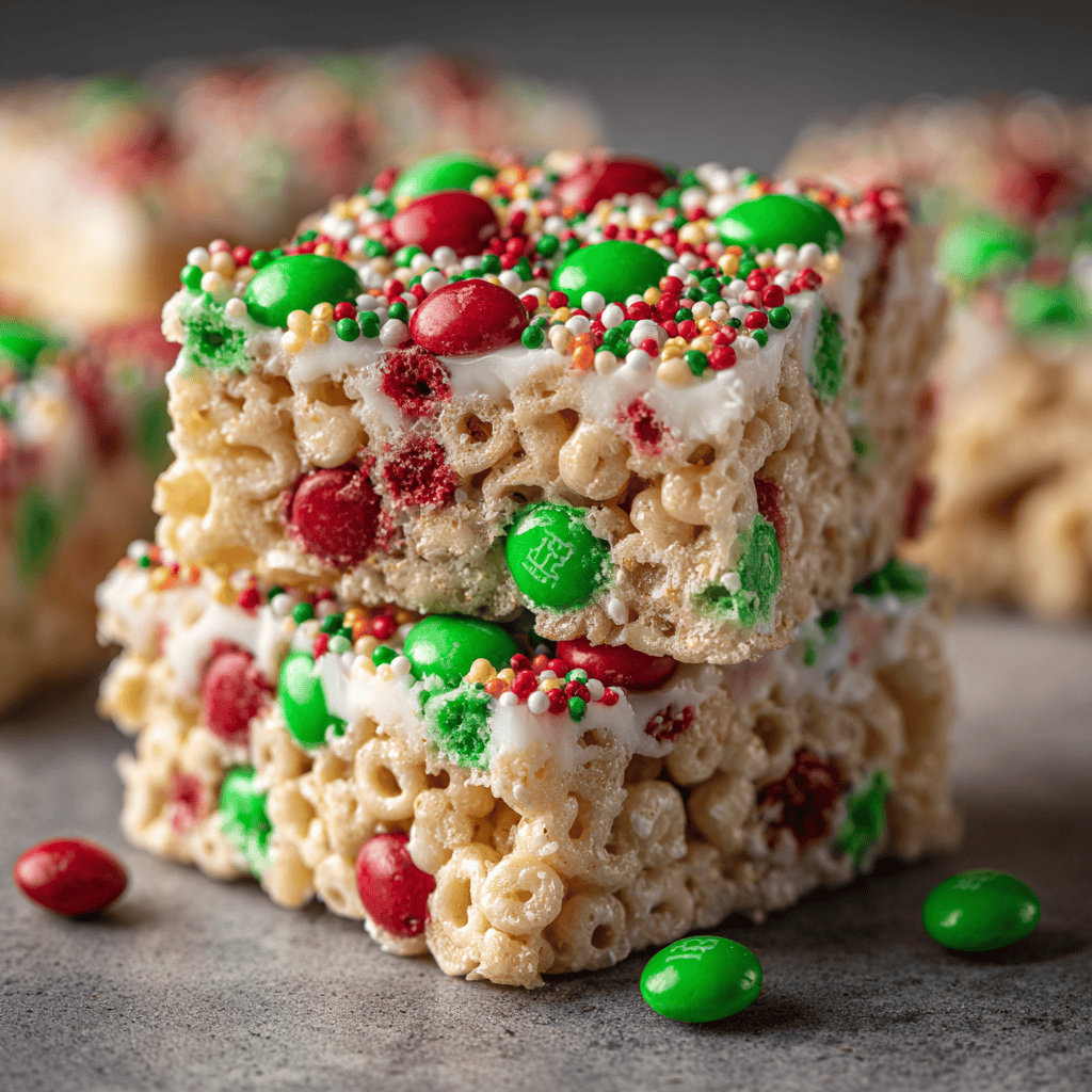 Perfectly set Christmas rice crispy treat with festive candies and shiny marshmallow coating.