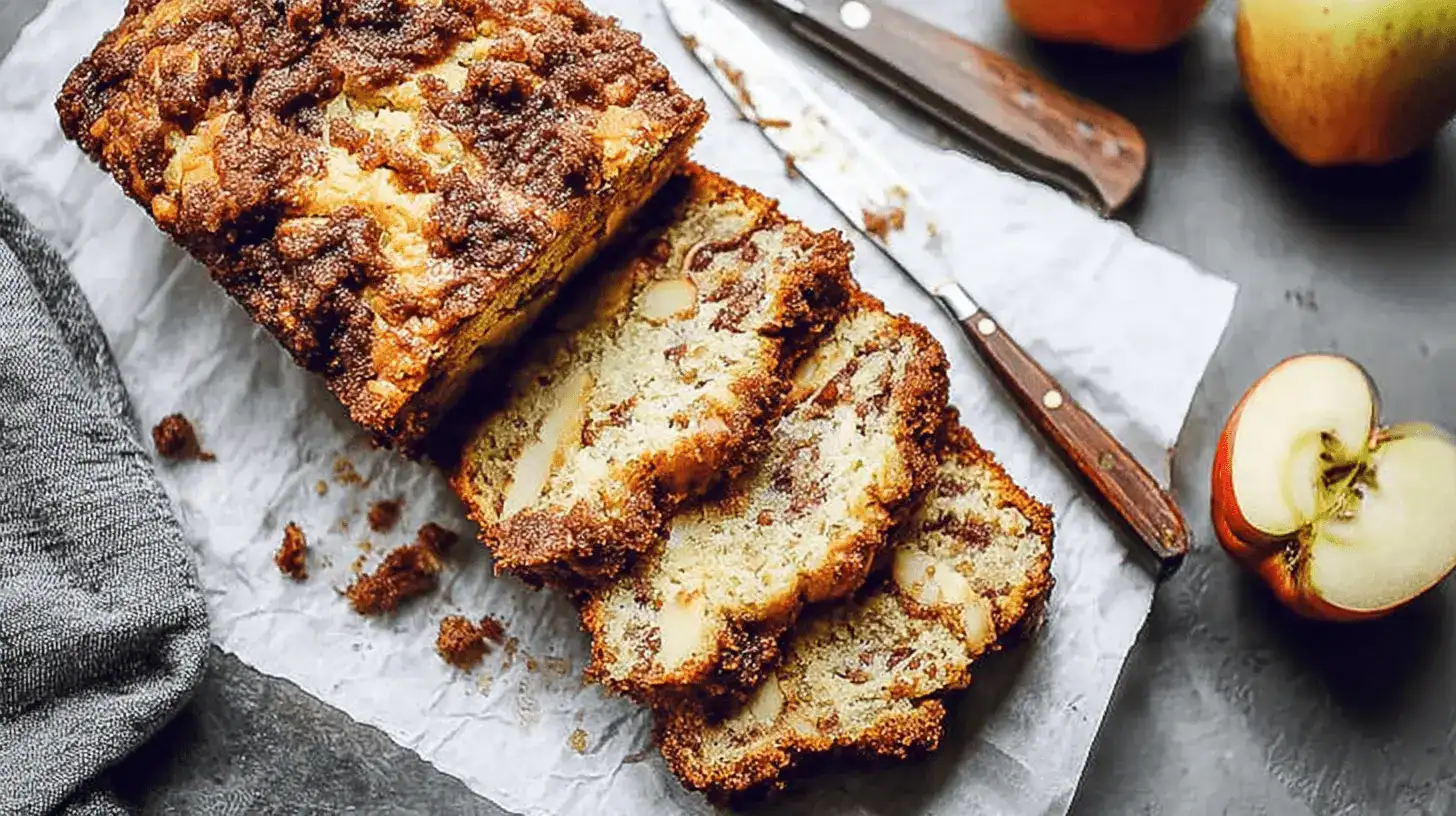 Freshly baked cinnamon apple bread loaf with streusel topping, partially sliced, on parchment paper with whole and cut apples.