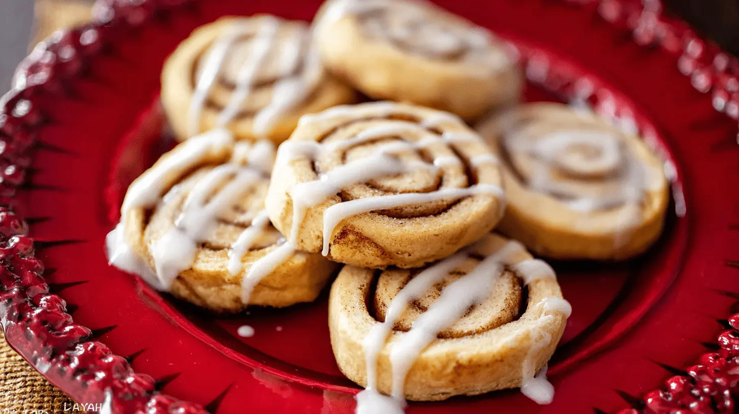 Close-up of golden-brown mini cinnamon roll cookies with creamy white glaze on a vibrant red decorative plate.