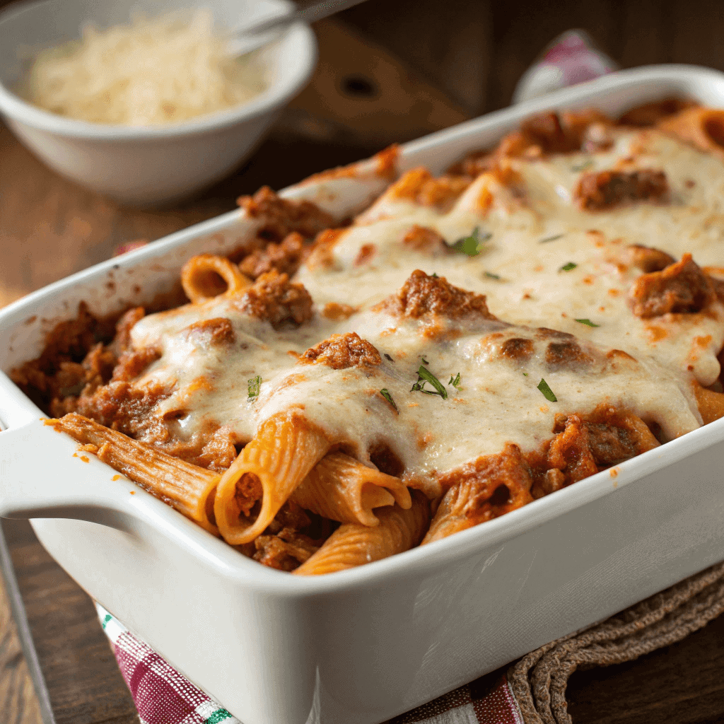 Close-up view of baked ziti with bubbly melted cheese and saucy pasta layers.