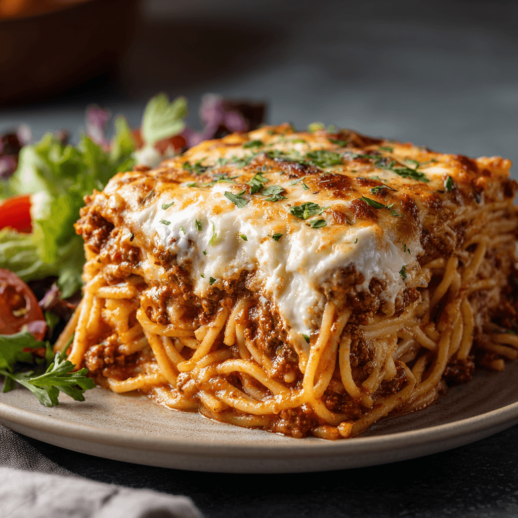 Creamy baked chicken alfredo spaghetti with golden cheese and parsley.
