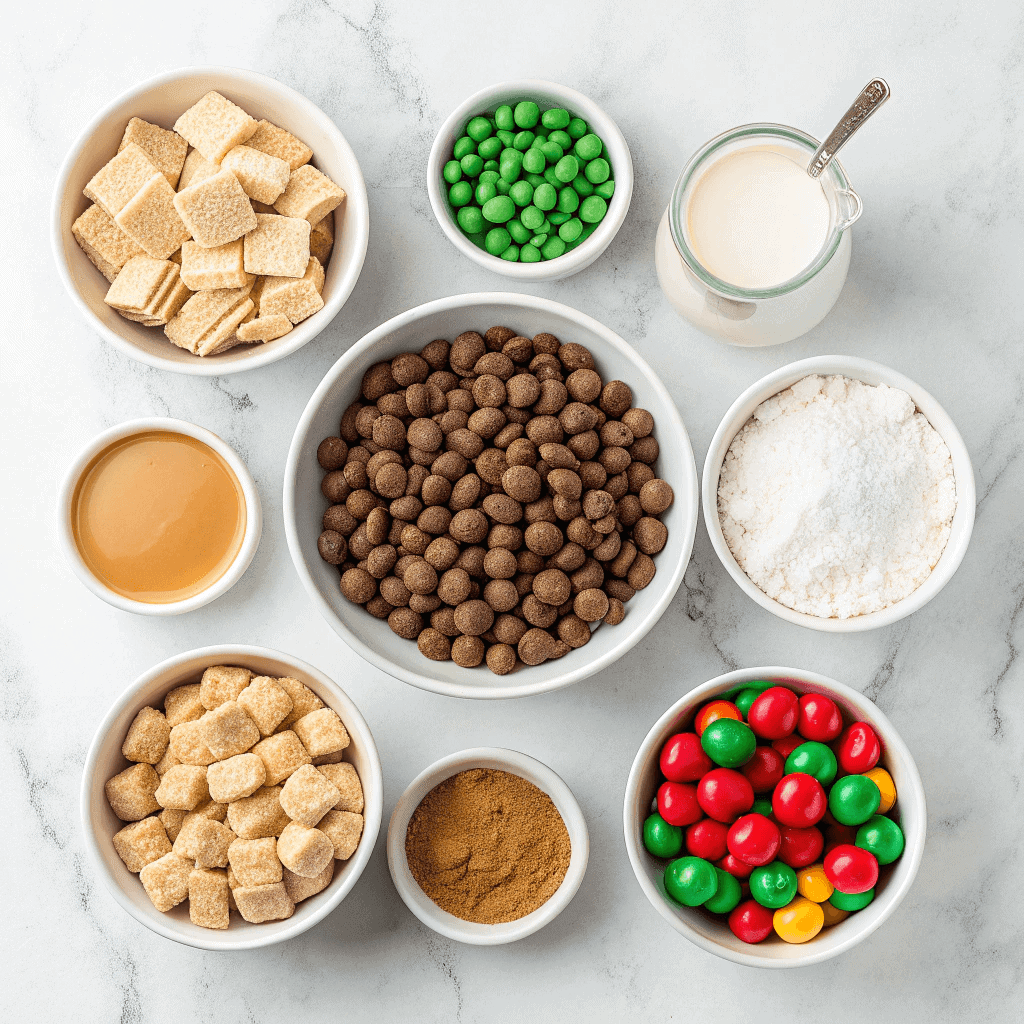 Festive Christmas Puppy Chow: The Ultimate Holiday Treat 2 Overhead view of ingredients for Christmas Puppy Chow including Chex cereal, chocolate chips, peanut butter, butter, powdered sugar, and holiday M&M’s.