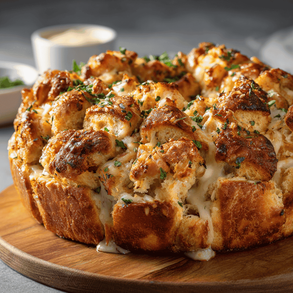 Chicken Alfredo monkey bread displayed clearly on a board showing golden crust and herbs.