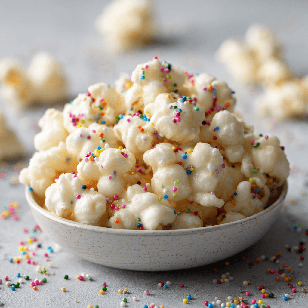 Almond bark puffcorn crack arranged in a bowl showing white coating and holiday sprinkles.