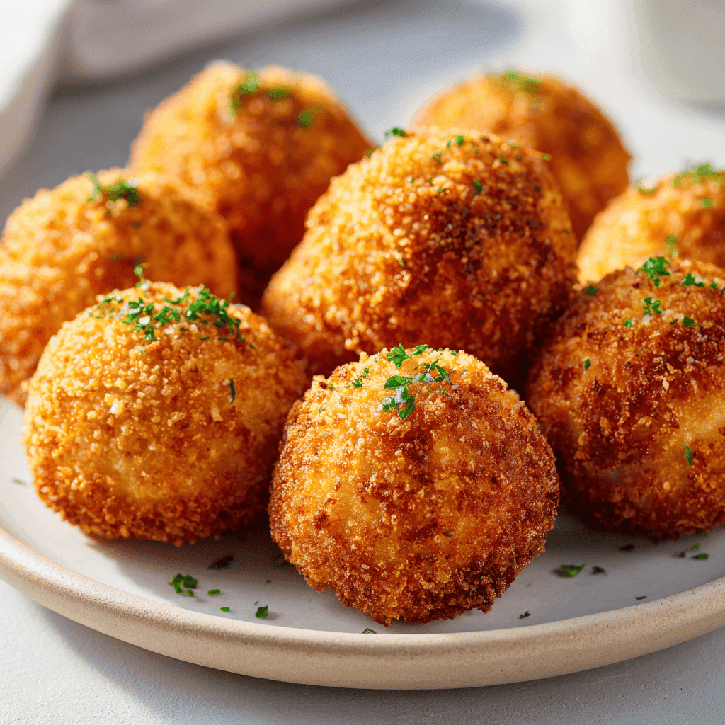 close-up of a Reuben ball showing crunchy breadcrumb texture.