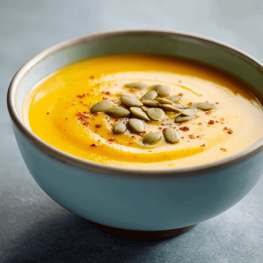 Creamy squash soup in a white bowl with bright clean lighting.