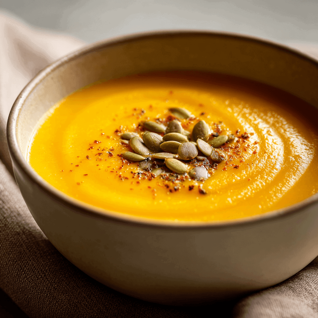 close-up of creamy squash soup surface showing smooth texture and pepitas.