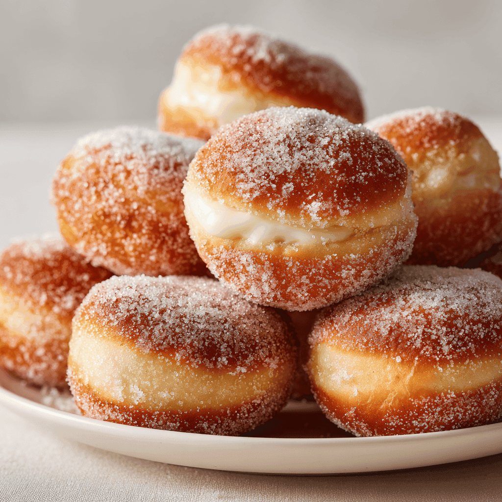 close-up showing the sugar-coated surface and creamy filling of a bomboloni donut.