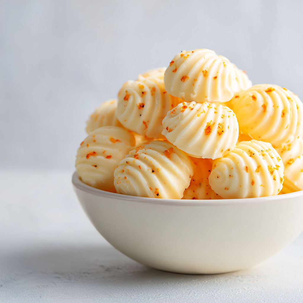 Orange cream cheese mints arranged clearly in a bowl showing creamy texture and citrus zest.