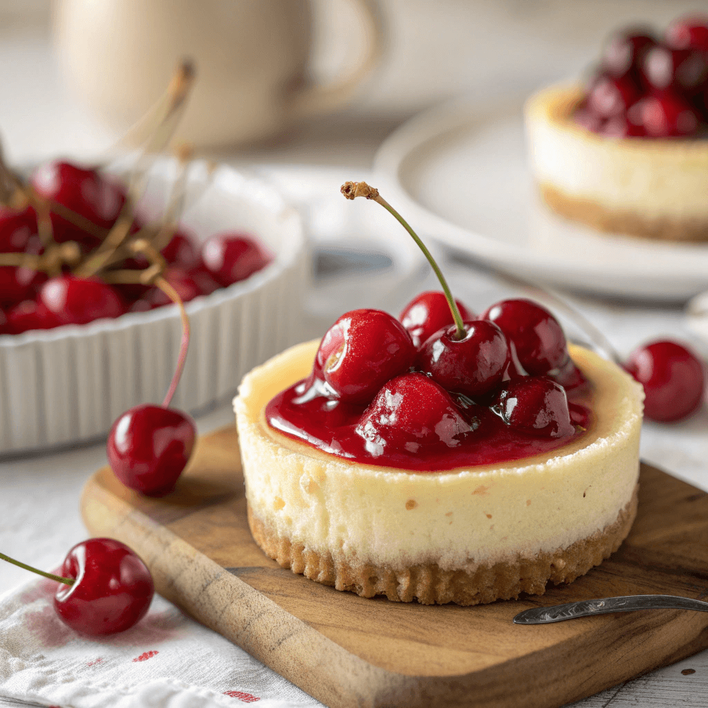 Close-up action shot of cherry pie filling being spooned onto a mini cheesecake.