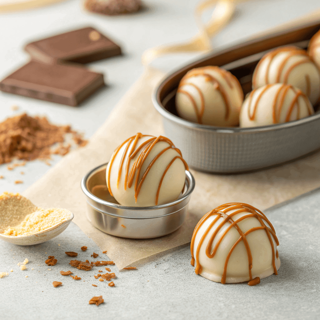 Easy No-Bake Biscoff Truffles Recipe 4 Close-up image of creamy white chocolate–coated Biscoff truffles drizzled with caramel in a small metal dish.