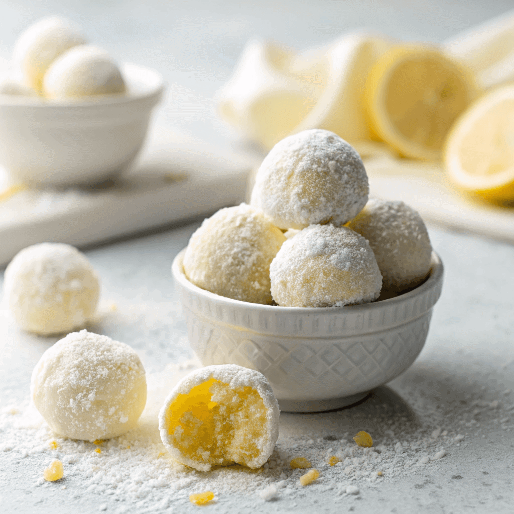 Close-up image of powdered sugar-coated lemon truffles stacked in a bowl.